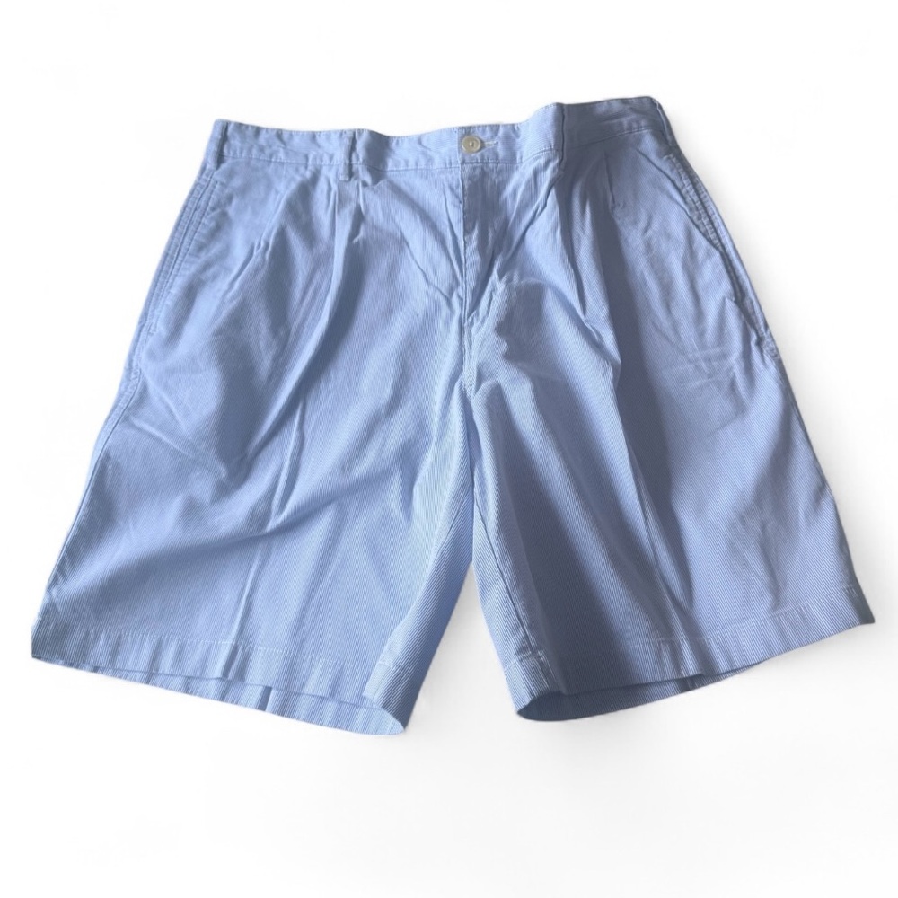 Lands End Men’s 36 (9” Inseam) Seersucker Shorts Blue/White Stripes Pleated